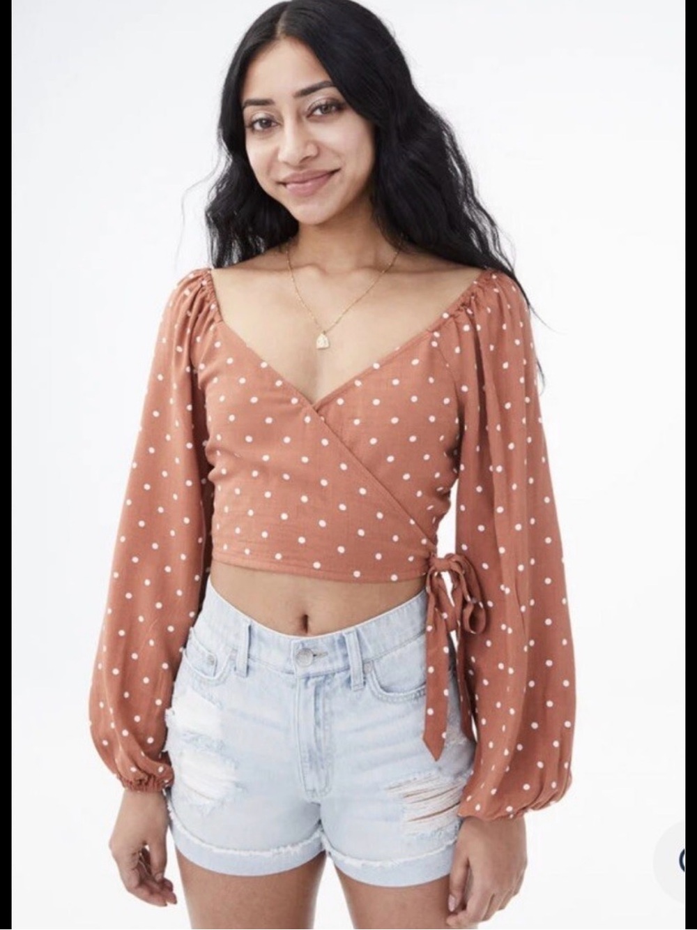 Aeropostale Rust Polka Dot Wrap Crop Top Milkmaid Cottagecore Ballon Sleeve EUC